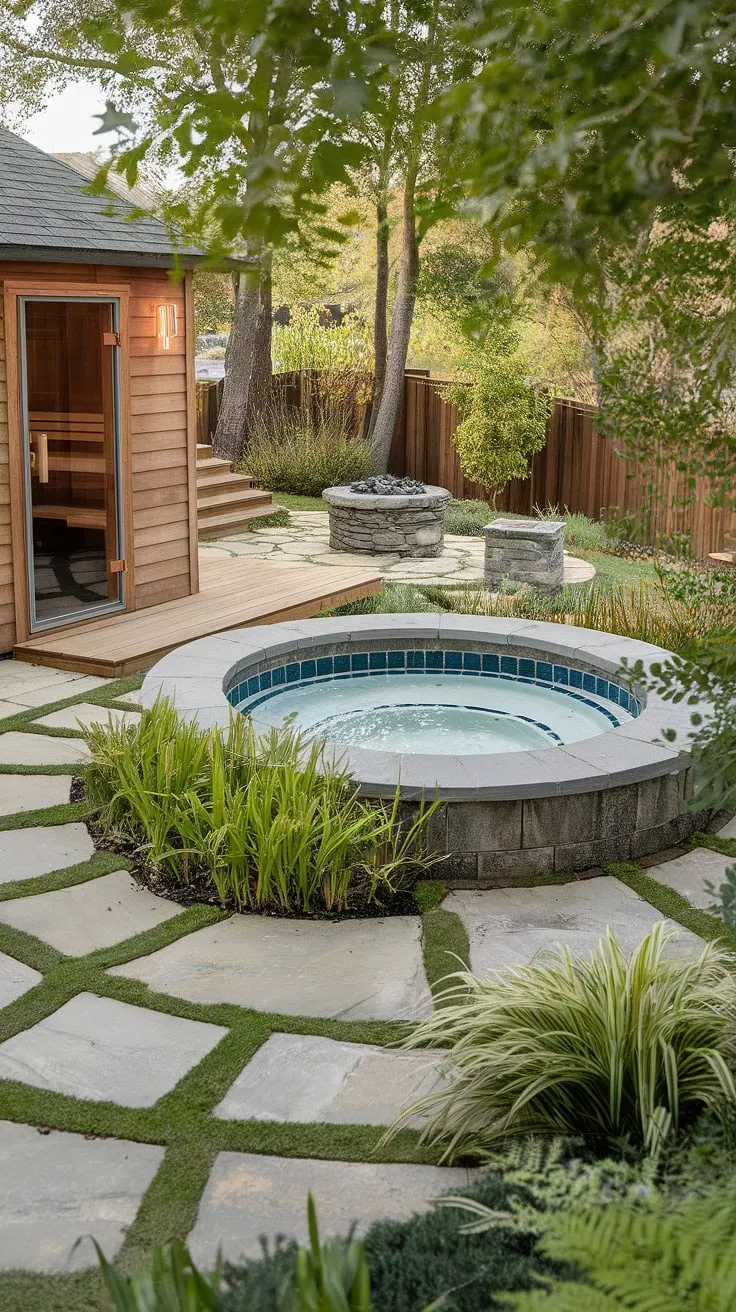 Escape to a tranquil backyard oasis with a hot tub, sauna, and fire pit, perfect for relaxation and rejuvenation