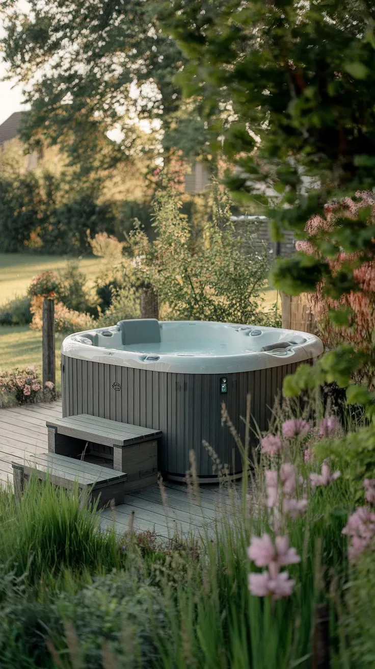 Escape to tranquility in a lush backyard oasis featuring a charming hot tub and wooden deck.