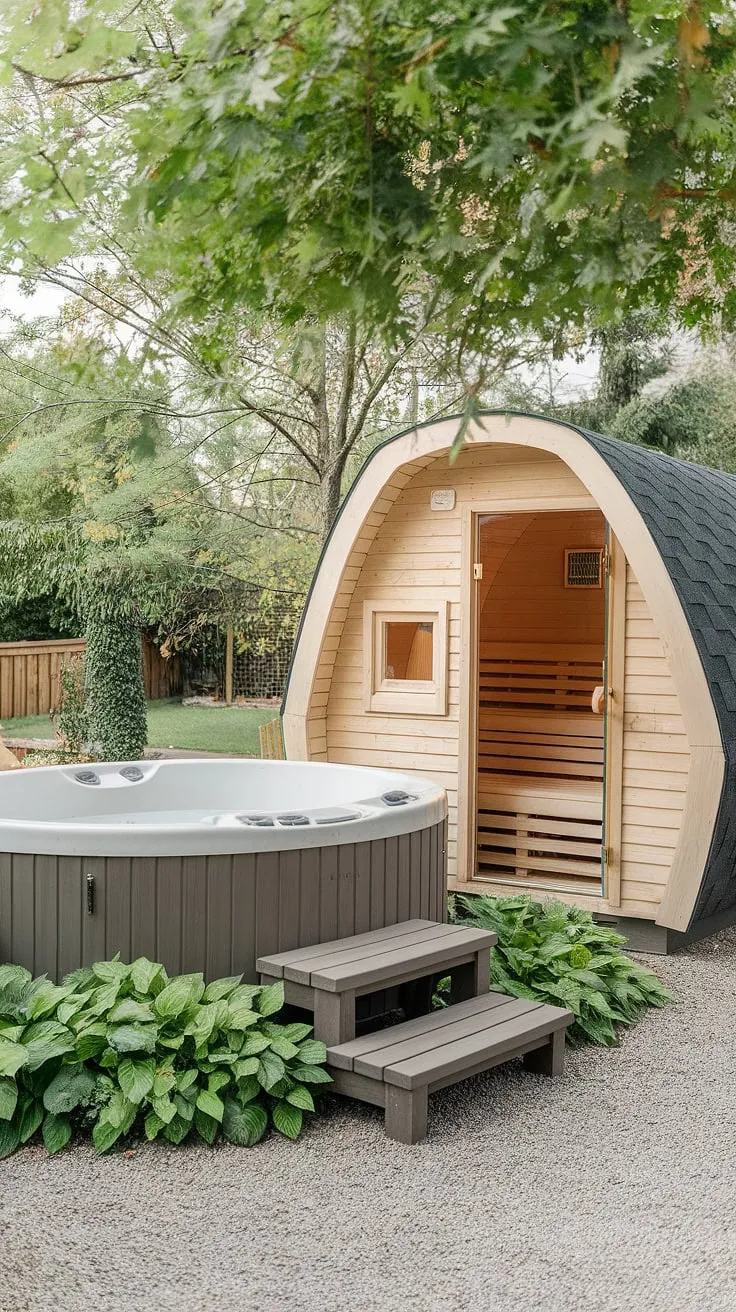 Escape to tranquility in a lush backyard oasis featuring a cozy hot tub and relaxing sauna.