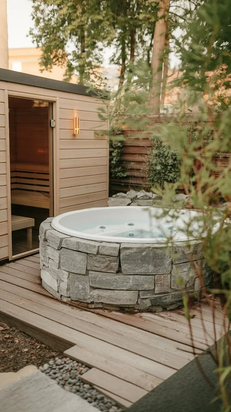 Indulge in tranquility with a stone hot tub and sauna nestled within a lush garden.
