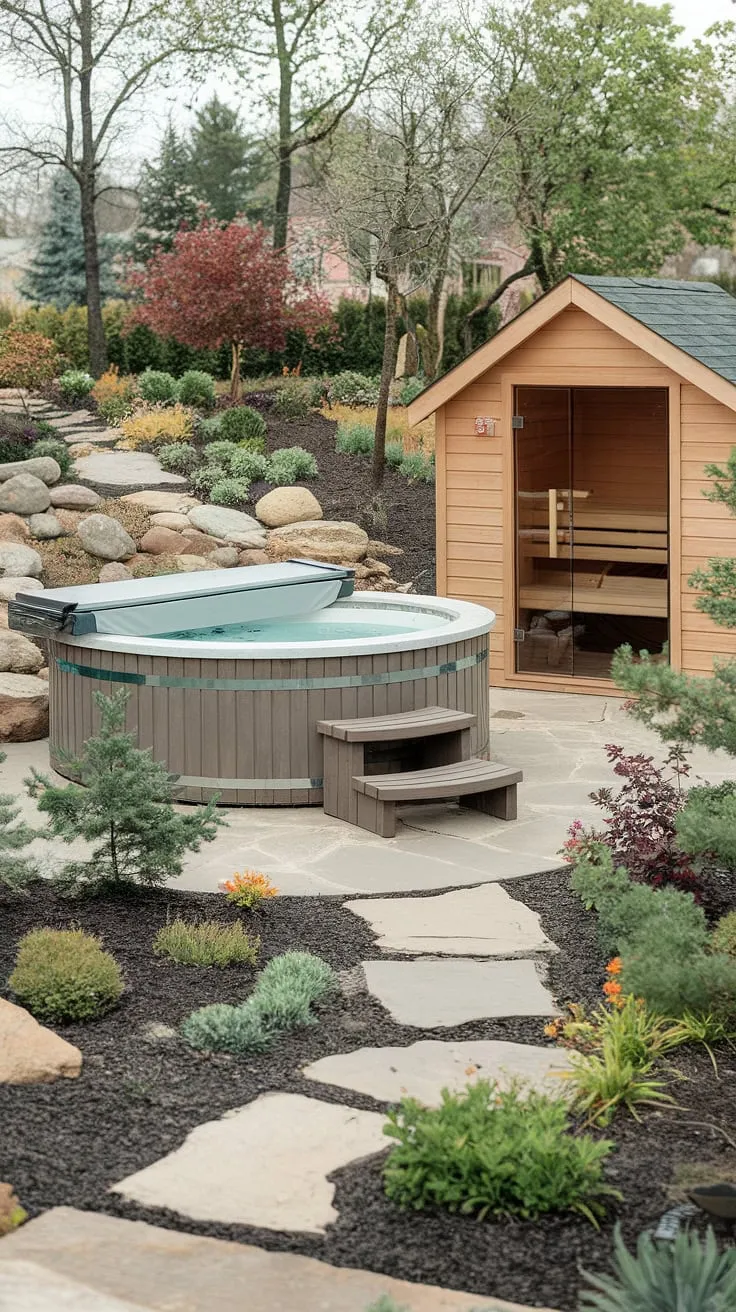 Escape to a tranquil backyard oasis featuring a stone hot tub, wooden sauna, and lush garden