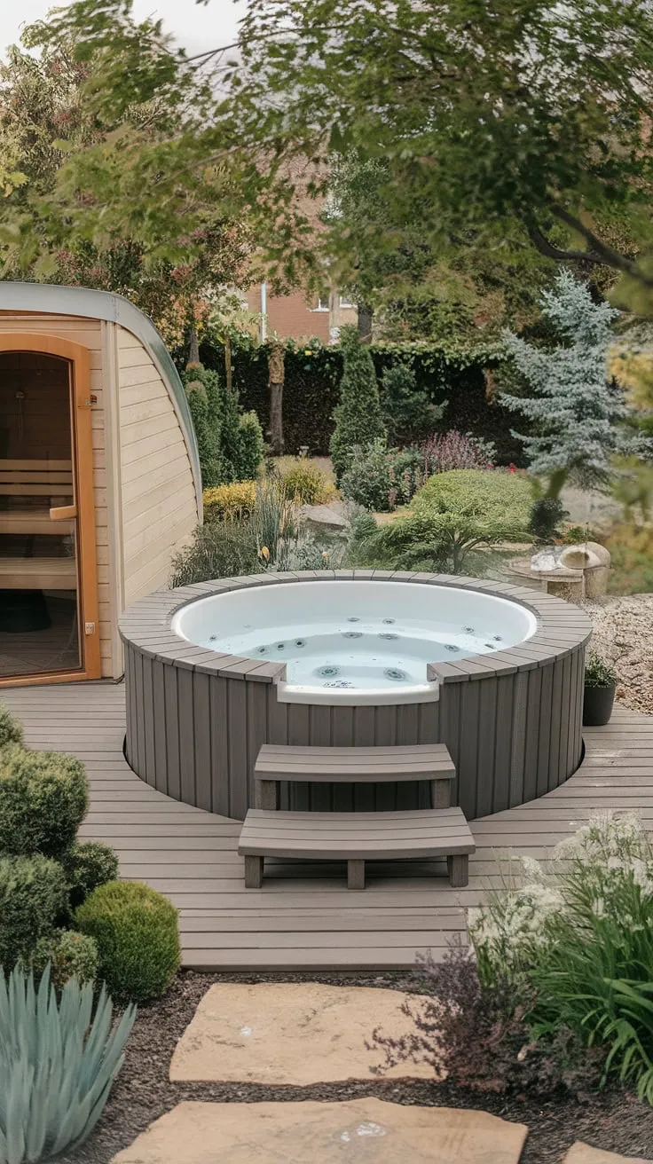 Indulge in ultimate relaxation with a private backyard spa complete with a hot tub and sauna surrounded by vibrant greenery