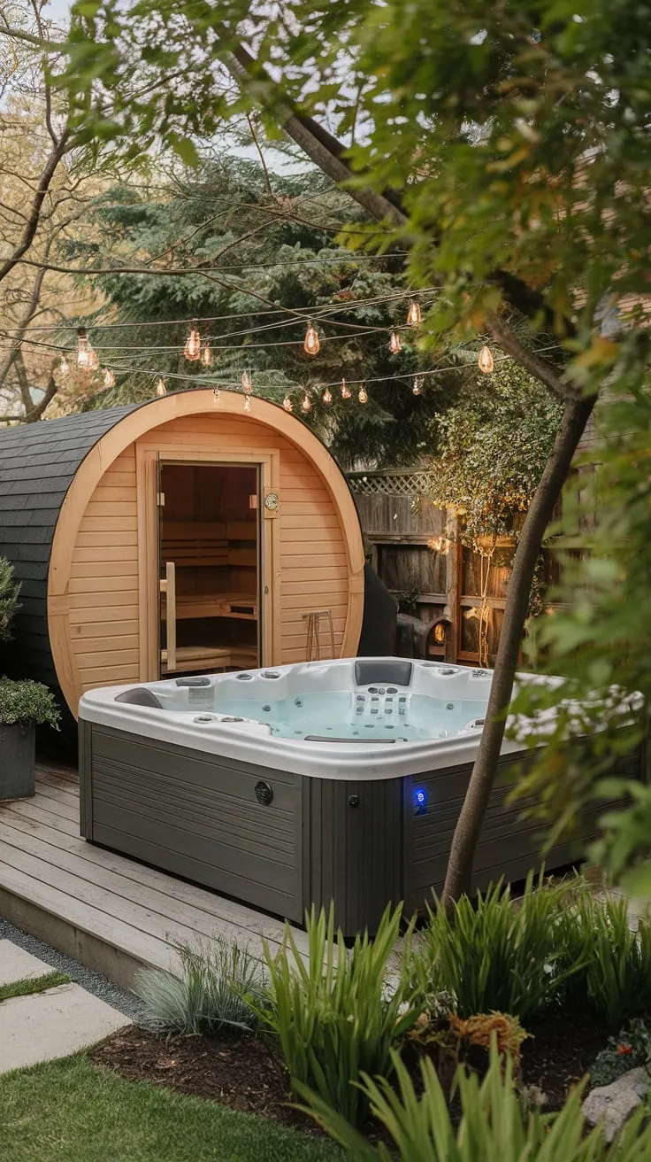 Escape to a tranquil backyard oasis featuring a hot tub, sauna, and lush garden, perfect for rejuvenation