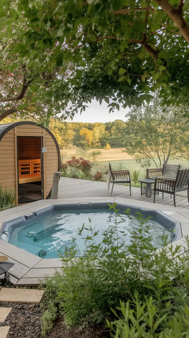 Escape to a tranquil backyard oasis featuring a hot tub, sauna, and lush landscaping