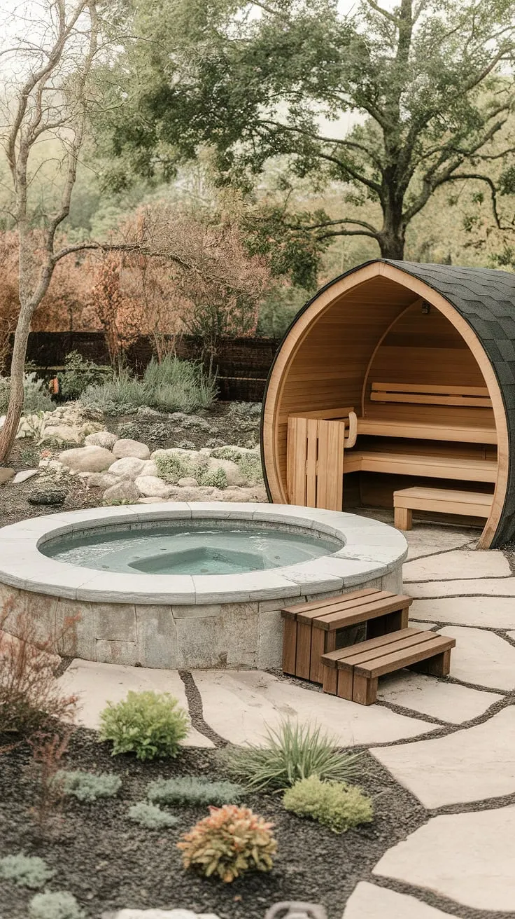 A serene backyard spa offers relaxation with a hot tub, sauna, and vibrant garden.