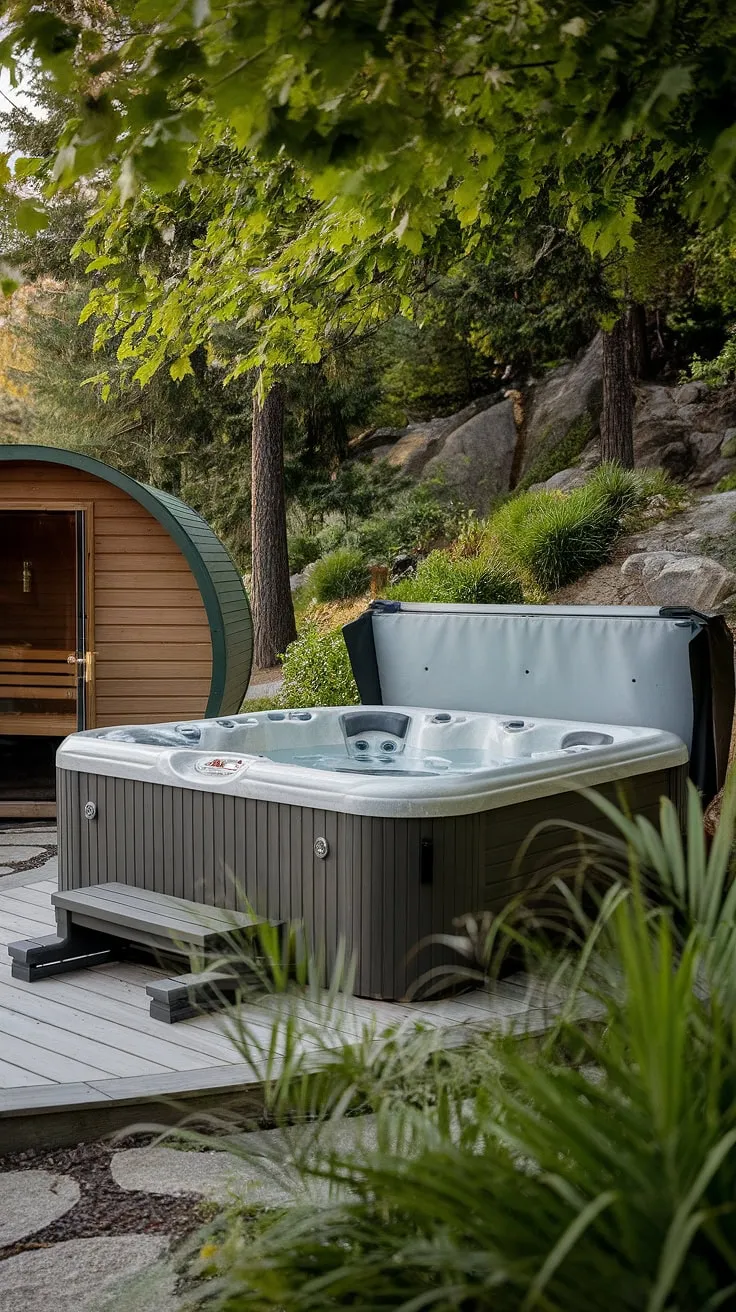 Escape to tranquility in a lush backyard oasis featuring a hot tub, sauna, and stunning natural surroundings.