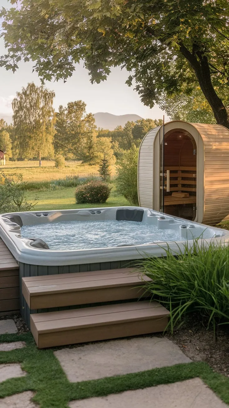 Escape to tranquility in a lush backyard oasis featuring a bubbling hot tub, sauna, and stunning mountain views.