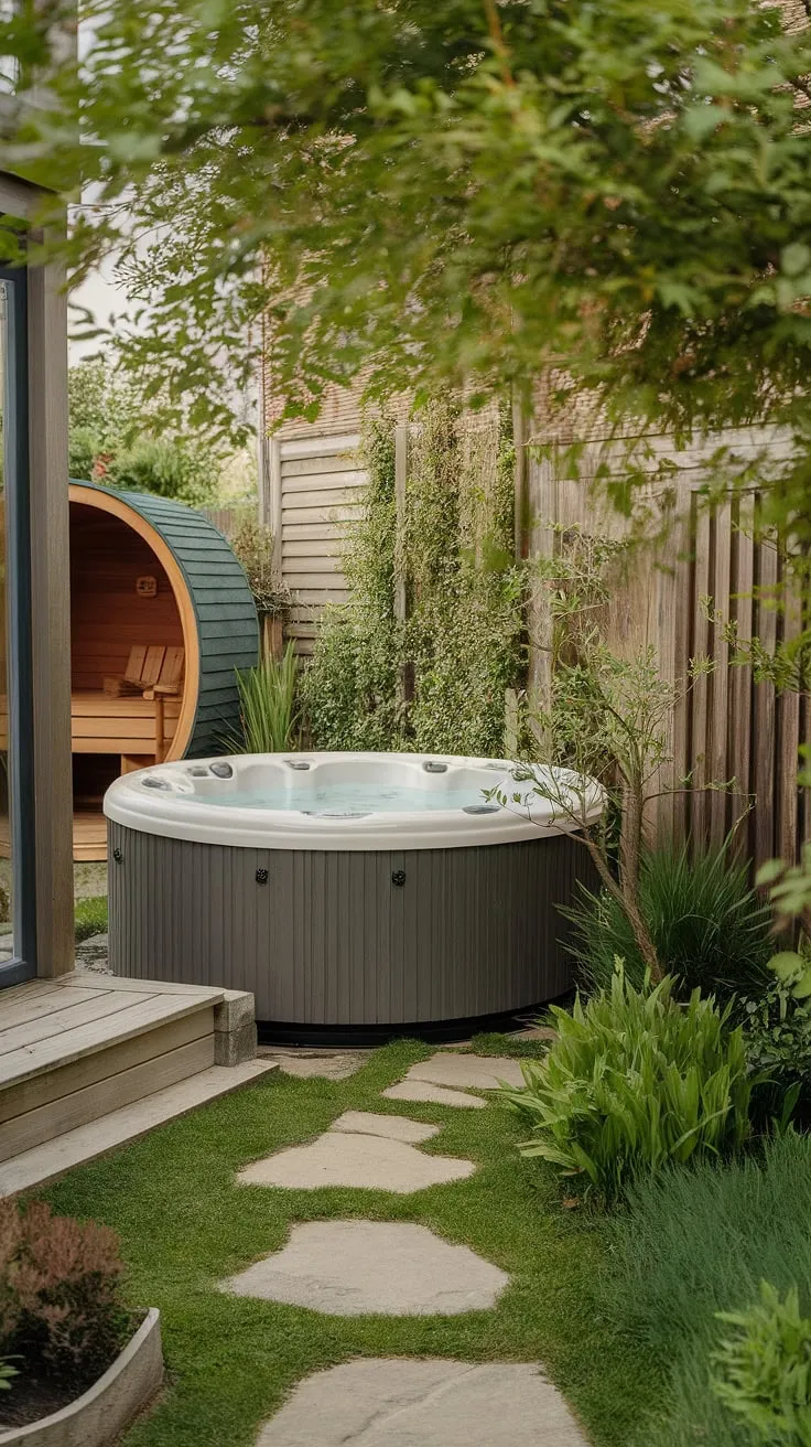 A serene backyard spa awaits, complete with a hot tub nestled amongst vibrant greenery and a nearby sauna.
