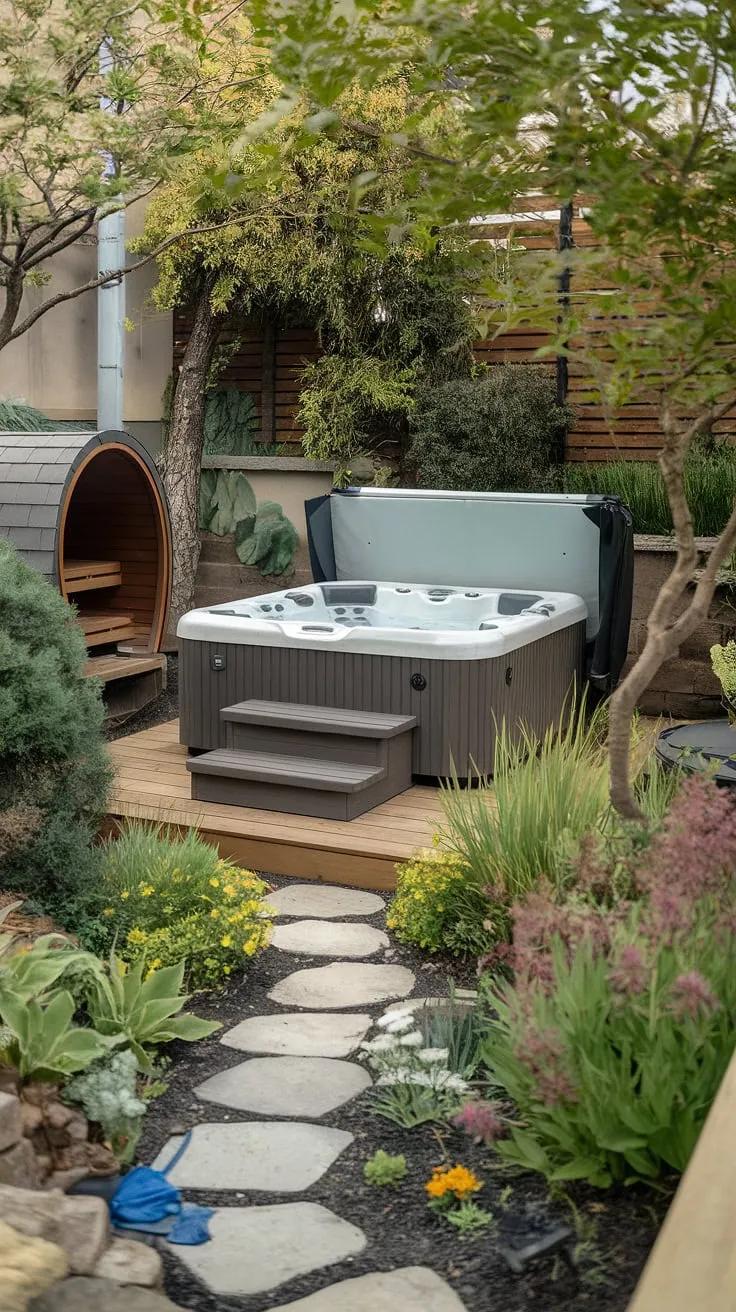 Escape to a tranquil backyard oasis featuring a hot tub and sauna nestled within a vibrant garden