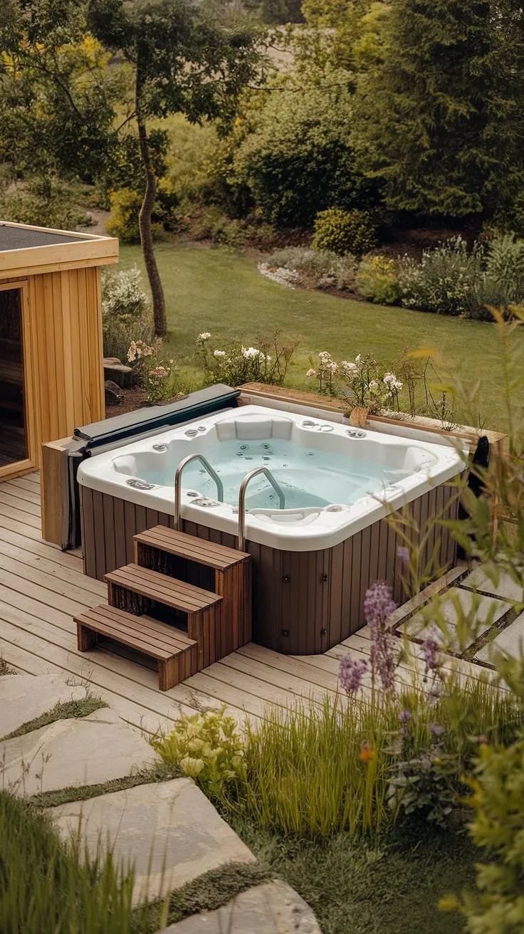 Escape to tranquility in a private backyard sanctuary complete with a hot tub, sauna, and vibrant garden.
