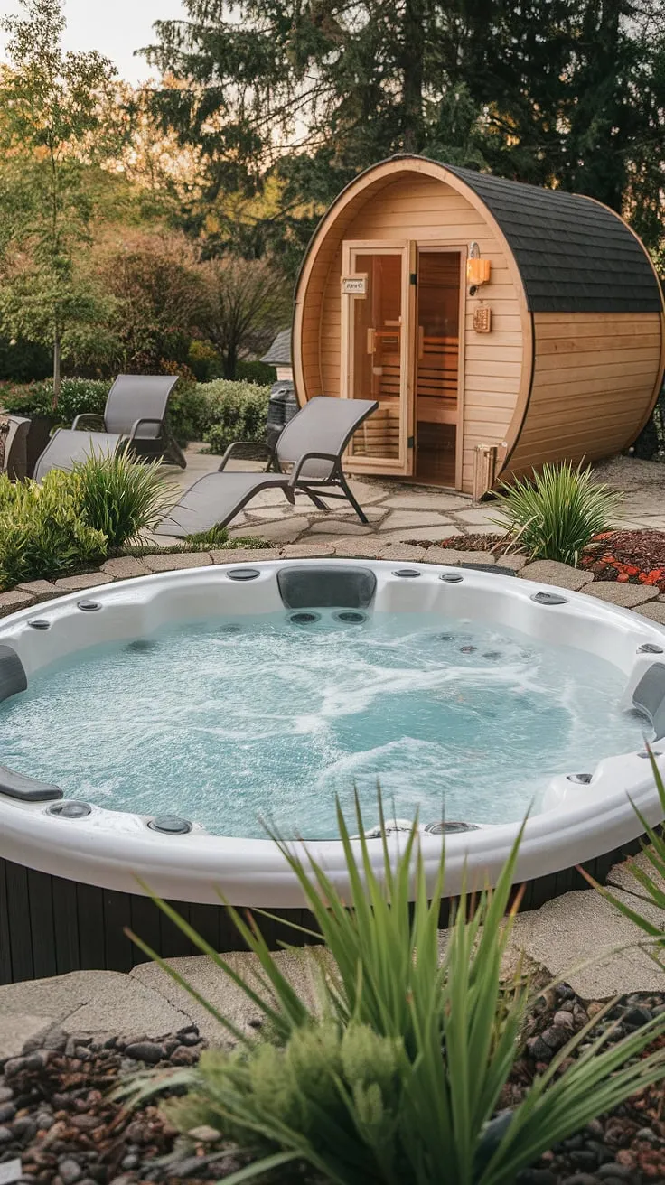 Indulge in ultimate relaxation with a private backyard spa complete with a hot tub, sauna, and comfortable seating surrounded by nature.