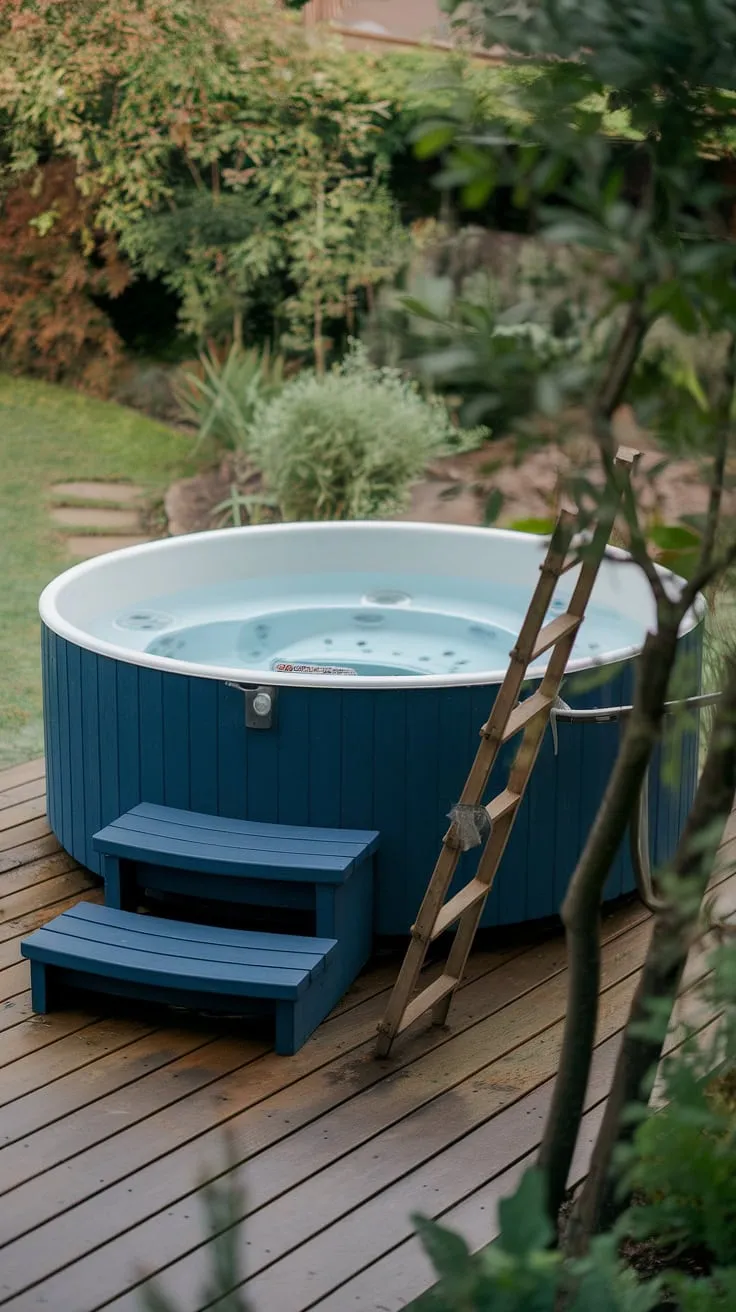 A serene backyard oasis features a small, dark blue hot tub on a wooden deck, perfect for relaxation.