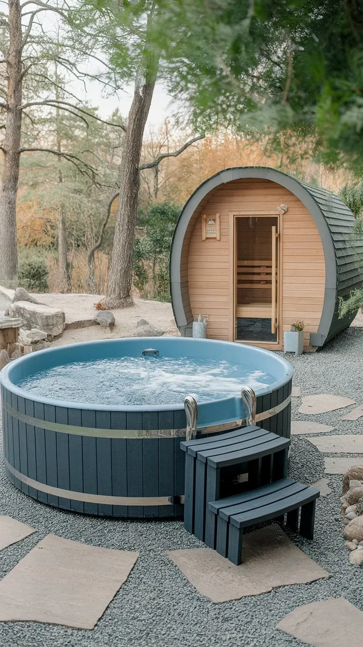 A secluded backyard spa offers rejuvenating hot tub and sauna experiences.