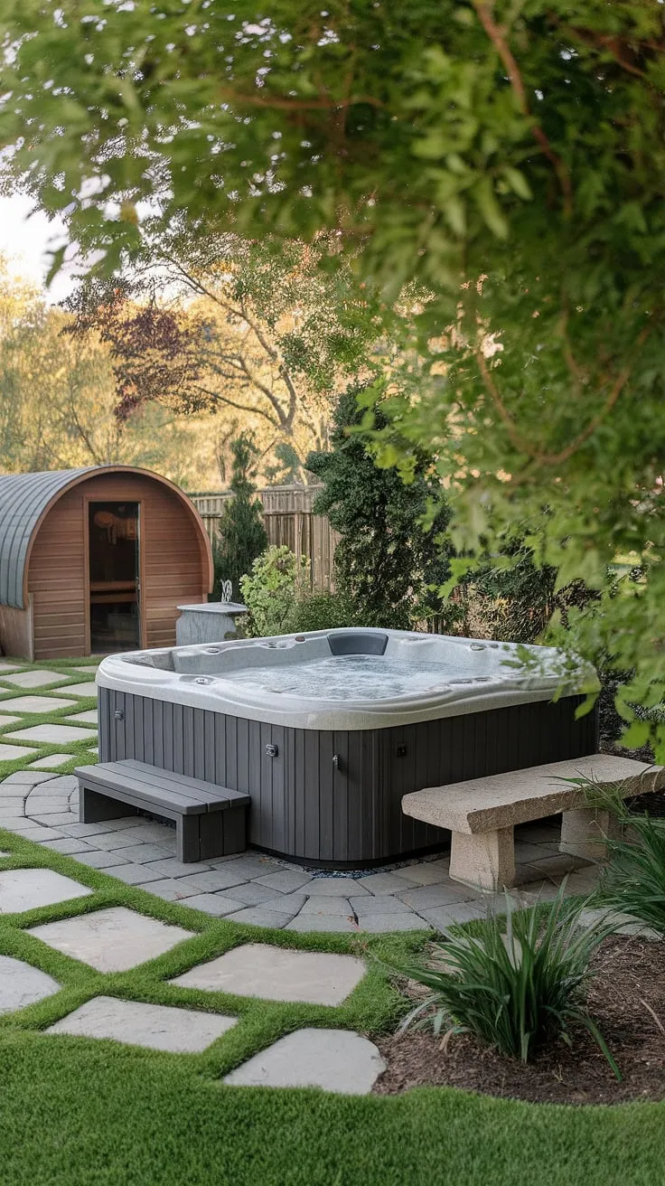 Luxury awaits in this serene backyard spa retreat complete with a hot tub and sauna.