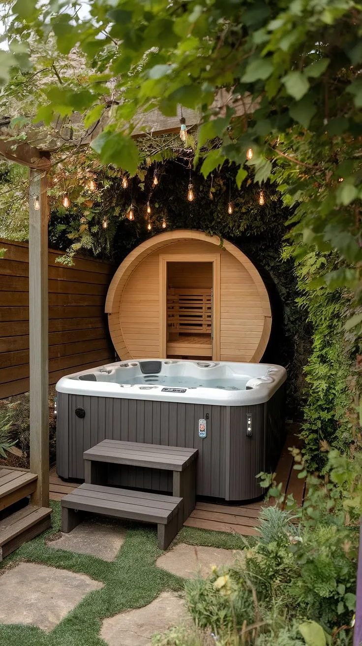 A luxurious backyard retreat awaits with a soothing hot tub and sauna, perfectly illuminated for ultimate relaxation.