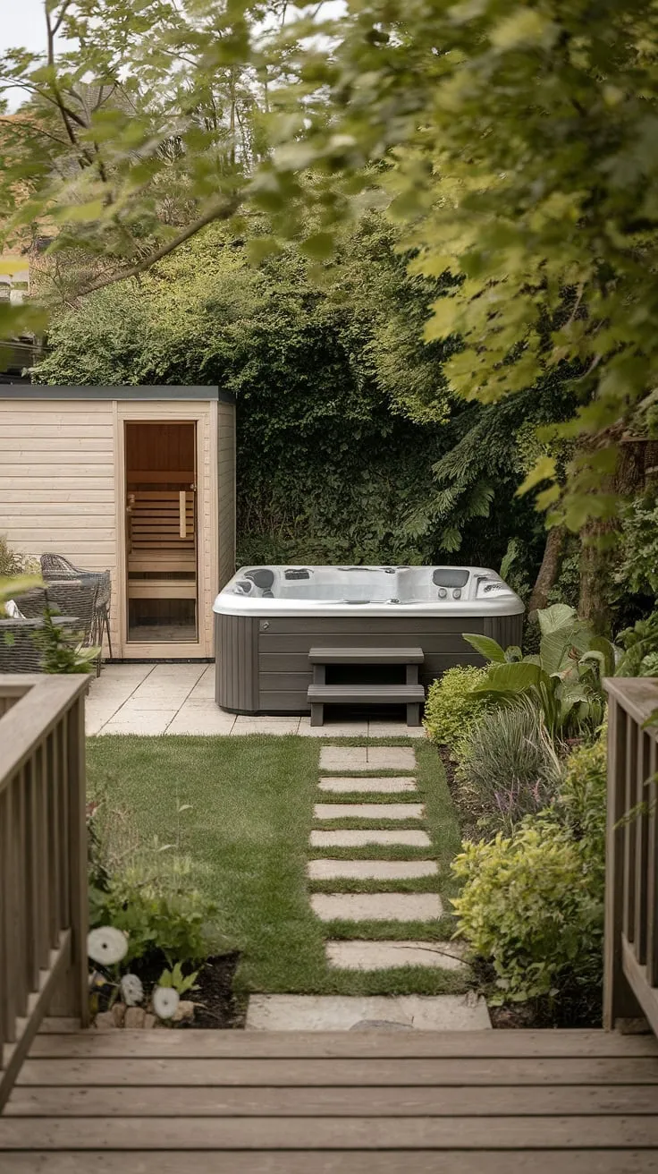A luxurious backyard spa provides ultimate relaxation with a hot tub, sauna, and serene garden setting.
