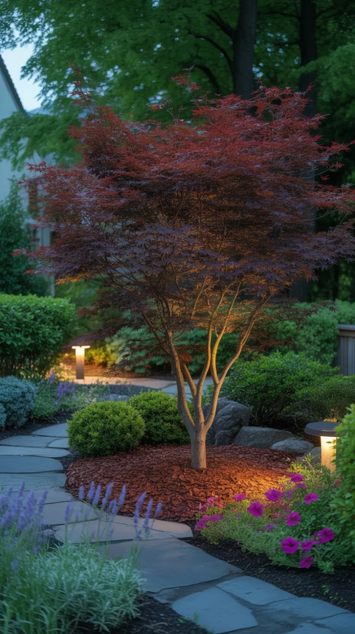 Crimson Canopy and Lantern-Lit Pathway in a Serene Japanese Maple Garden