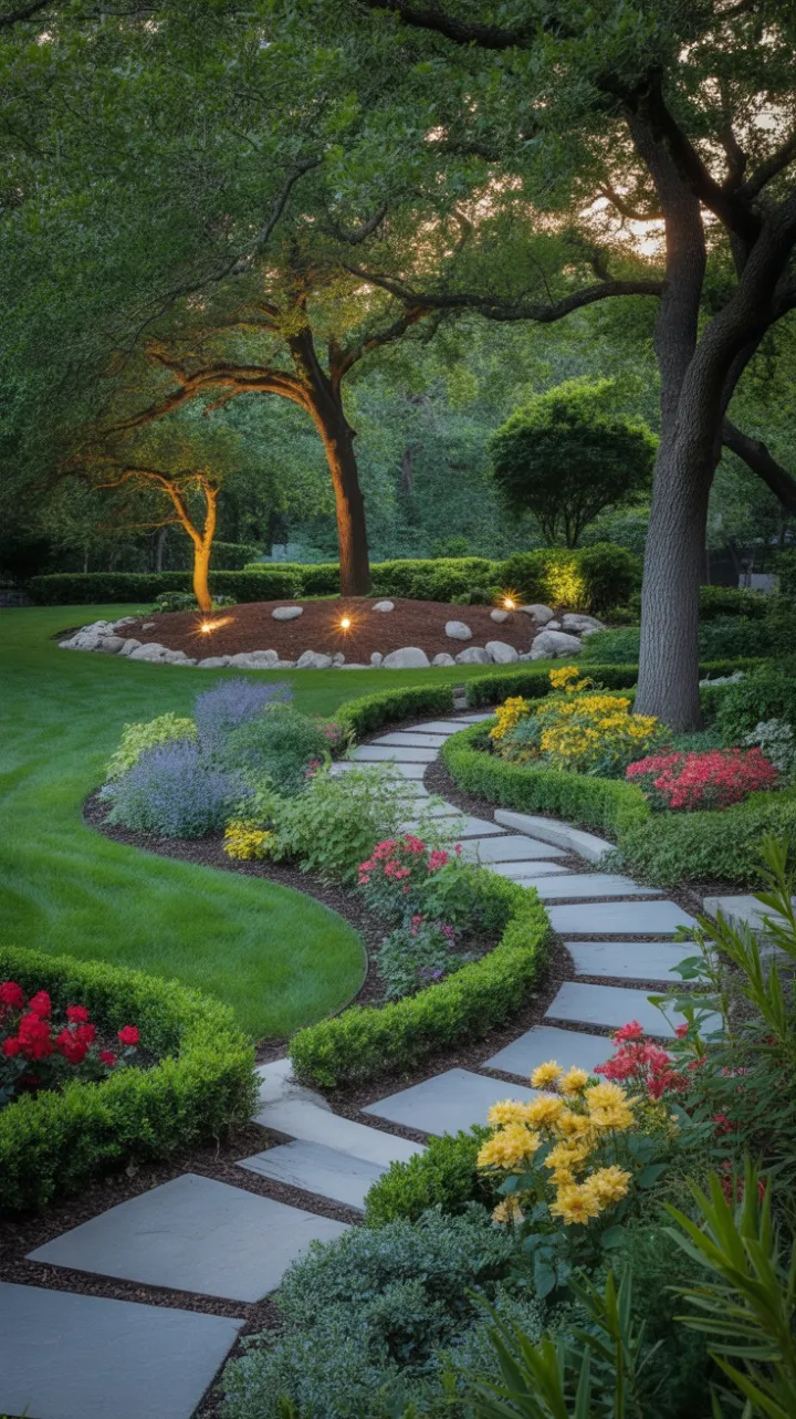 Sunlit Garden Glow Along a Winding Stone Path