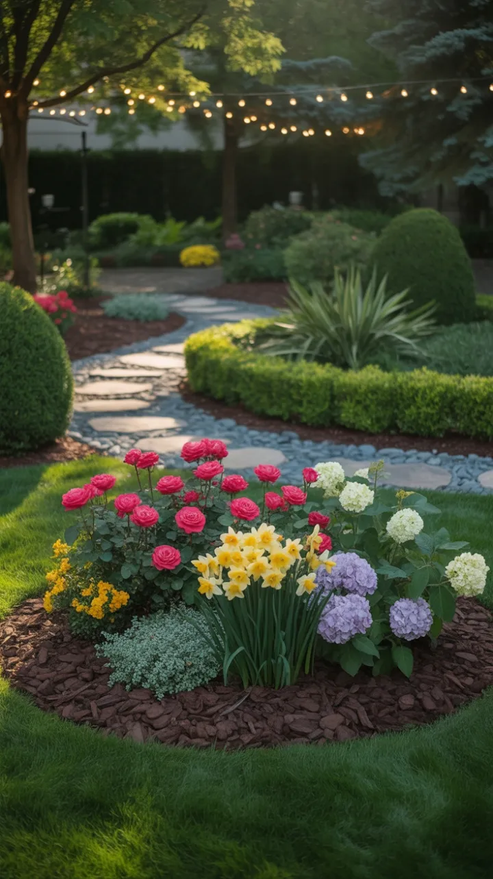 Sunlit Backyard Oasis of Crimson Roses Yellow Daffodils and Lavender Hydrangeas