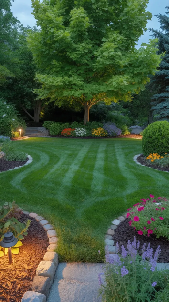 Sunlit Sanctuary – Lush Maple Lawn Framed by Blooms and River Stones