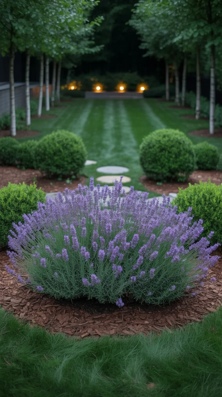 Sunlit Lavender Oasis with Birch-Lined Path