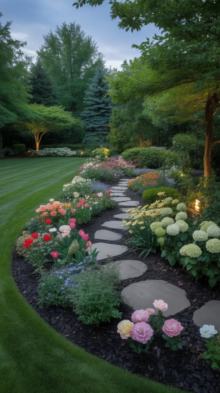 Winding Stone Path Through a Tranquil Twilight Garden