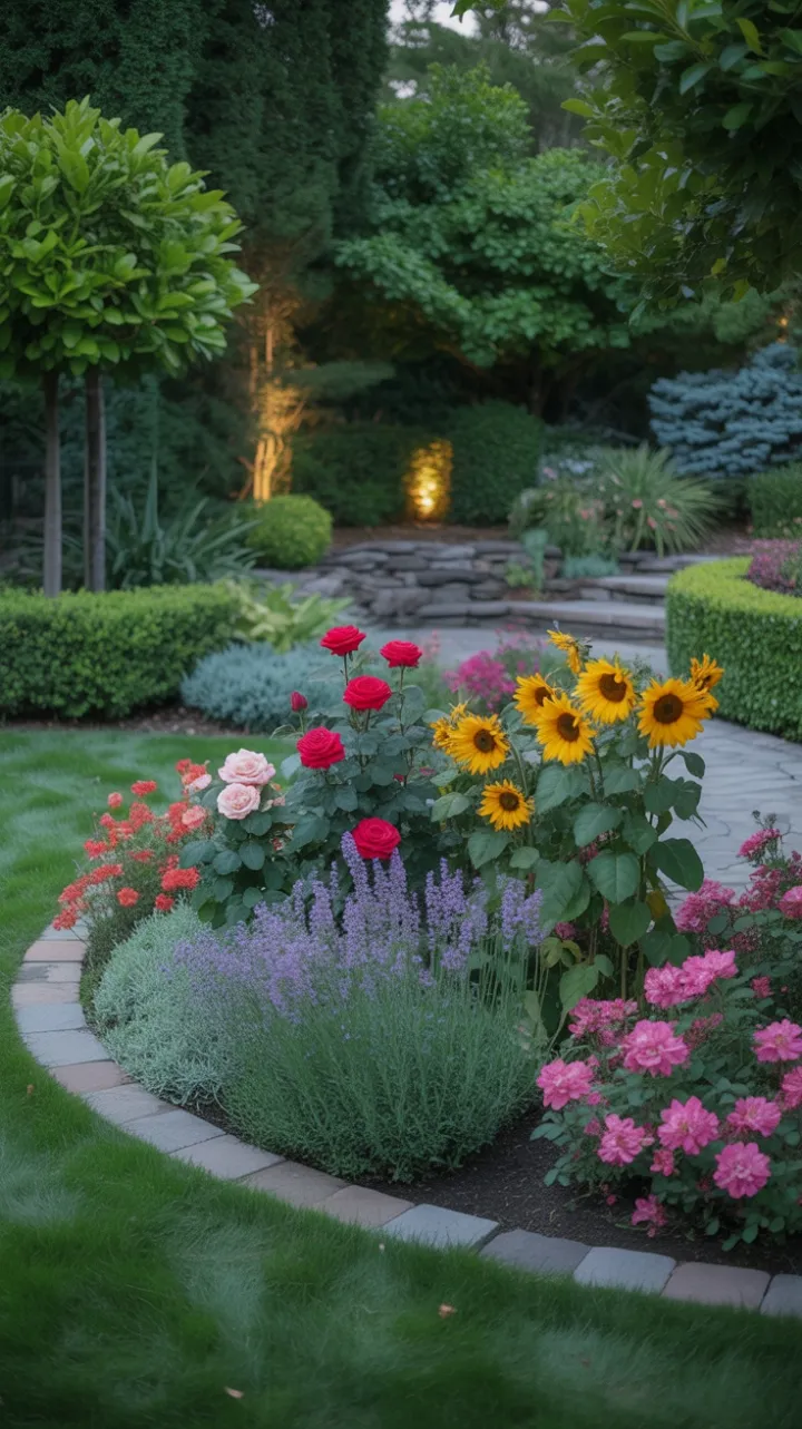 Serene Sunset Garden Path Lined with Roses Sunflowers and Lavender