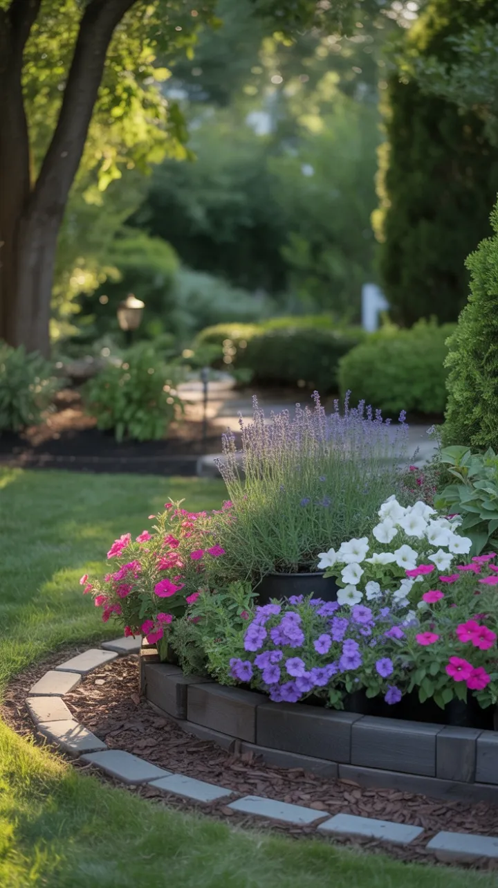 Sunlit Garden Oasis with Lavender Tiers and a Tranquil Pathway