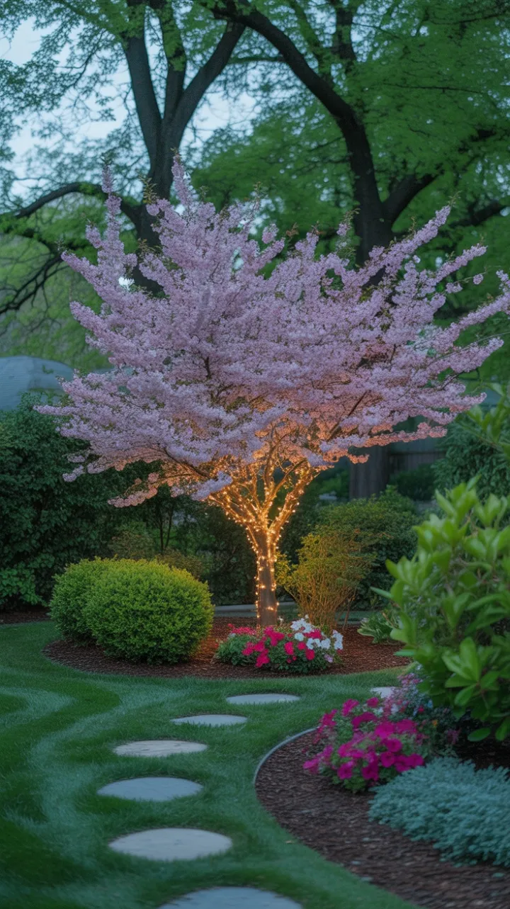 Enchanted Cherry Blossom Backyard Oasis at Dusk