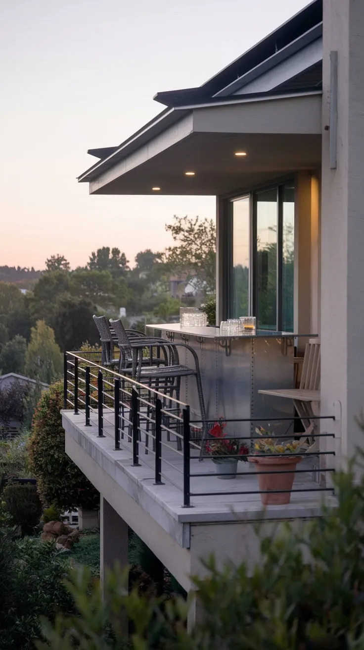 Soft light bathes your sleek balcony bar, its metal counter holding glasses, as you sip in, overlooking a tranquil landscape dotted with trees and buildings, potted plants framing the view