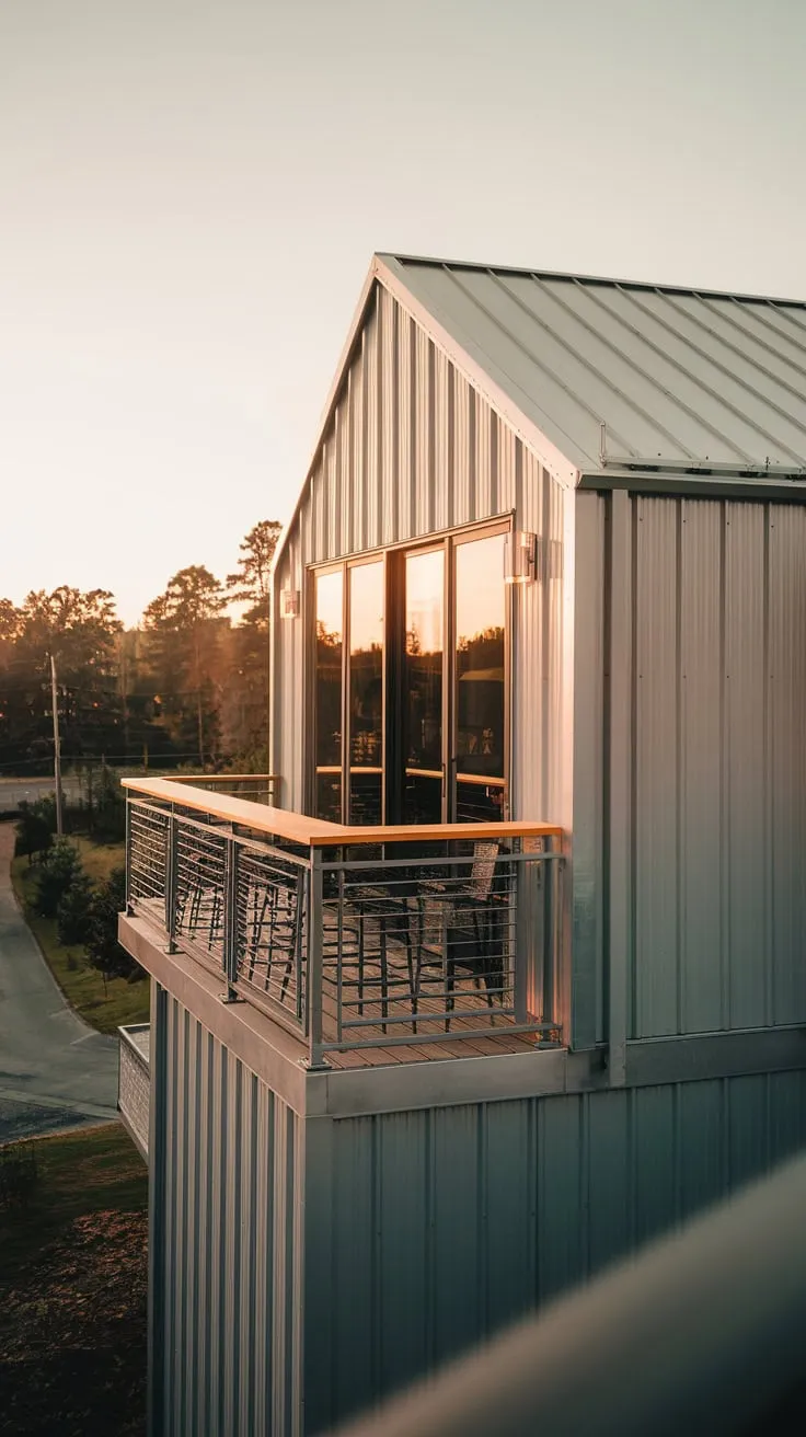 From your vantage point, the softly lit metal facade of your home overlooks a scenic road and lush trees, a balcony bar adding to the inviting ambiance