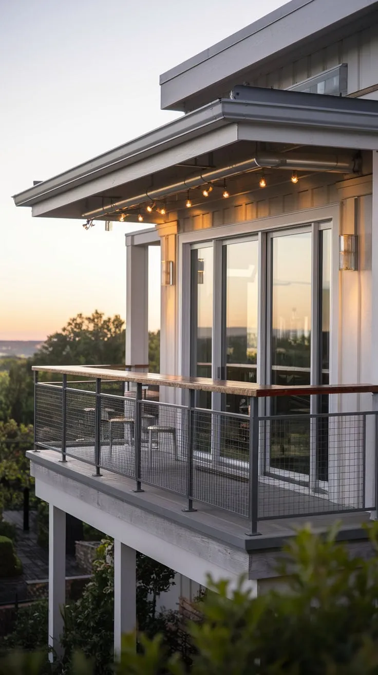 A stunning view unfolds before you from your home's metal balcony bar, softly lit for an idyllic evening
