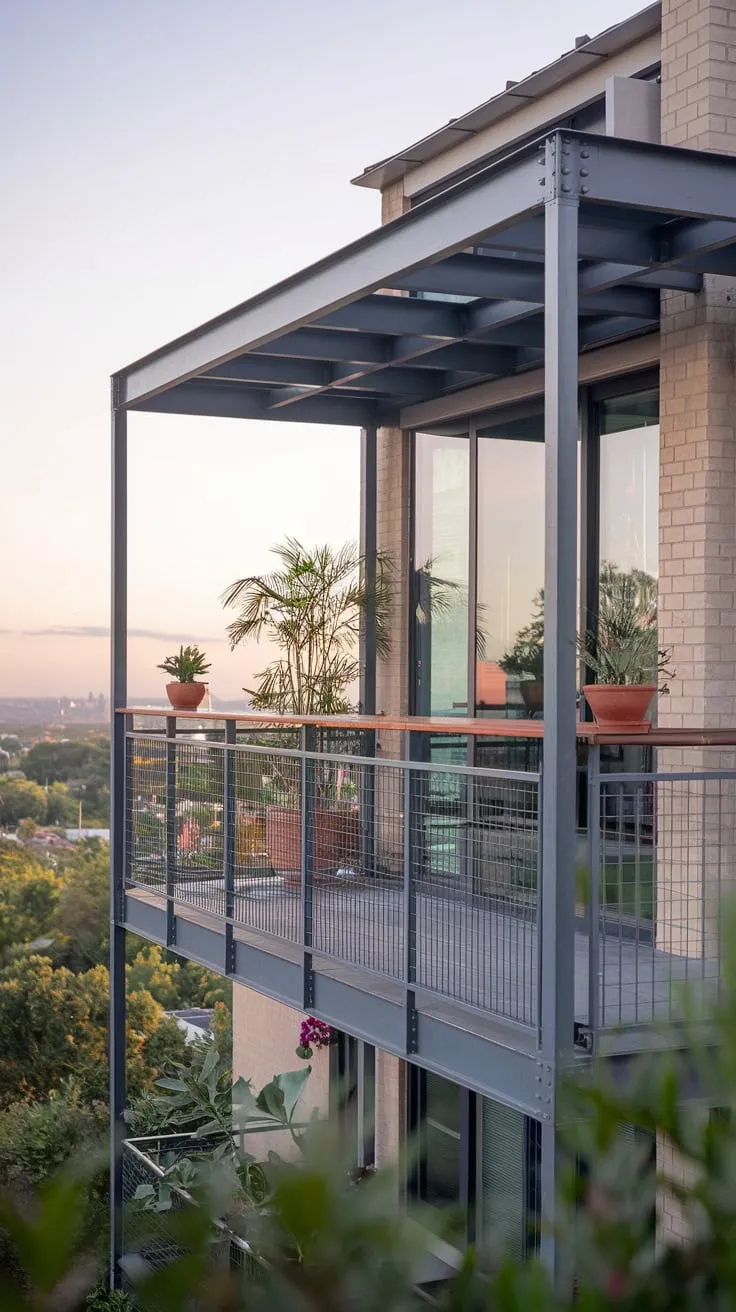 Soft light illuminates your sleek city view from a metal balcony bar, adorned with potted plants and a stylish railing