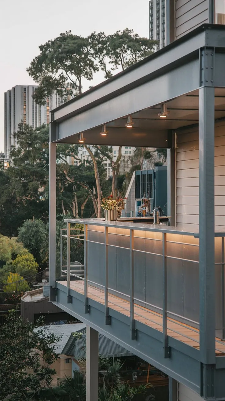 Soft lighting illuminates your sleek metal balcony bar, offering stunning city and treetop views from your home's high vantage point