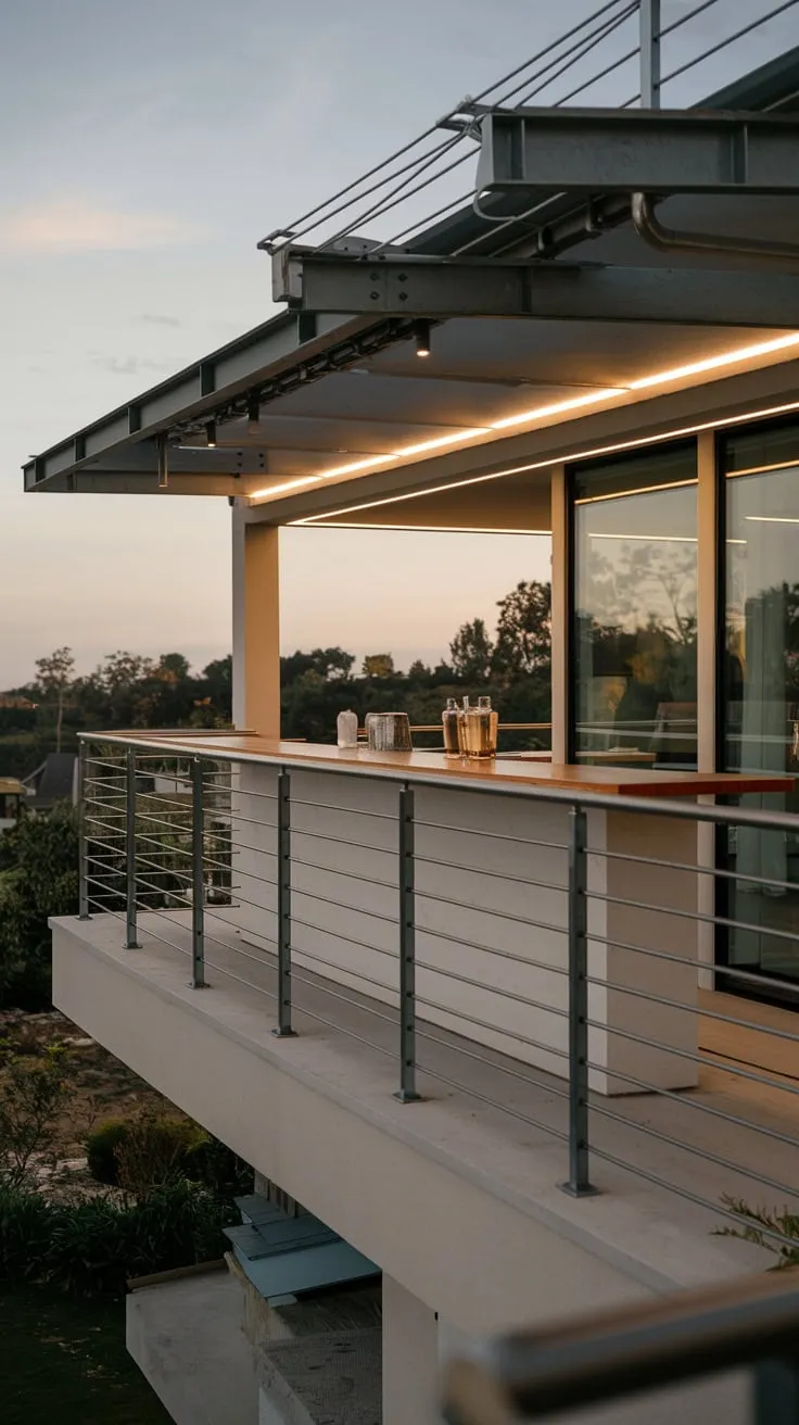Soft evening light illuminates your stylish home's high balcony, offering a captivating panorama below