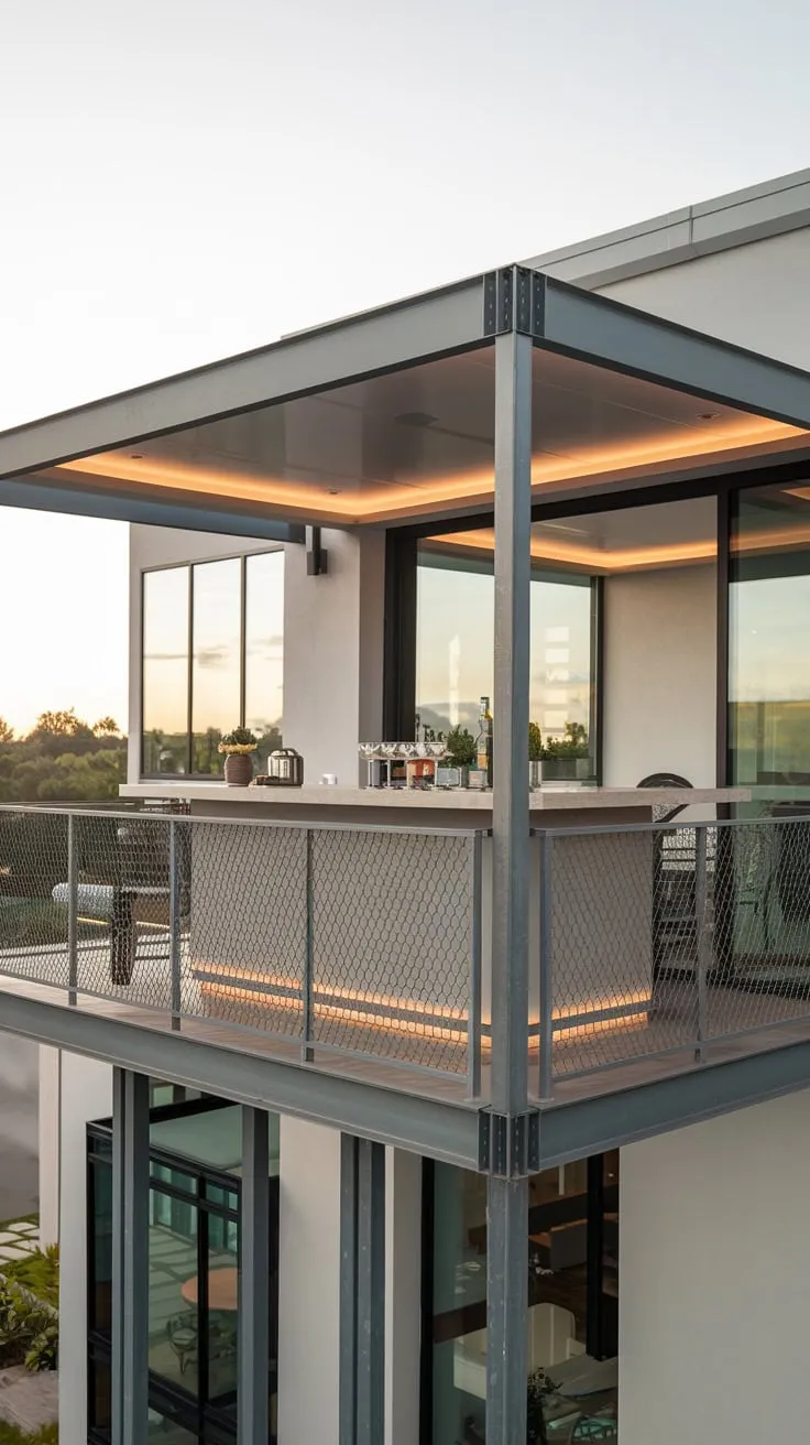From your sleek metal balcony, soft lighting illuminates a stylish bar overlooking breathtaking scenery