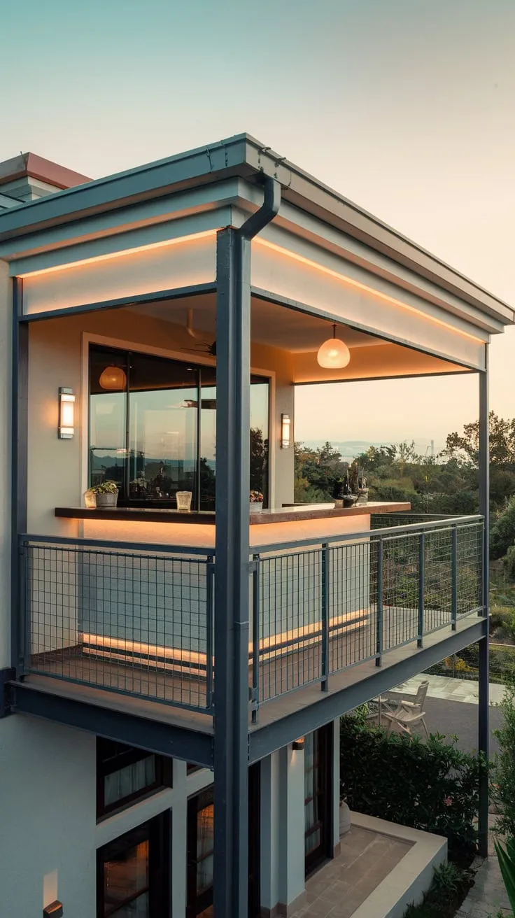 Warm lighting illuminates your private balcony bar, a metal haven overlooking stunning surroundings from your stylish home