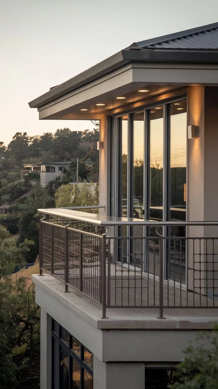 From your vantage point, a hillside home's balcony bar, bathed in soft light and framed by a metal railing, overlooks a breathtaking vista of trees and distant buildings