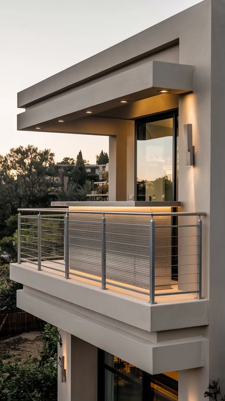 Soft light illuminates your sleek, minimalist home's high metal balcony bar, offering breathtaking views of the cityscape and trees below