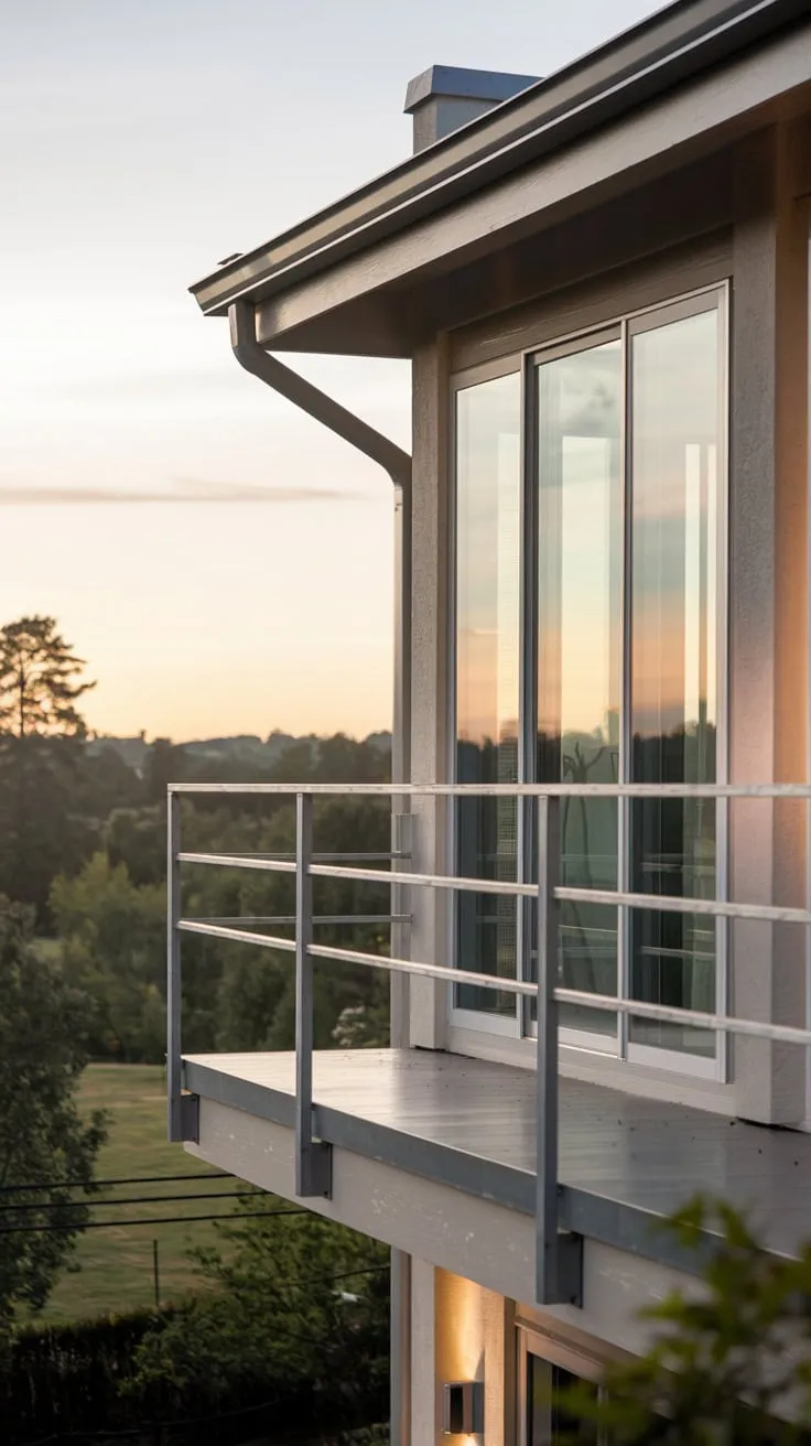 From your high balcony, with its stylish metal bar, you survey a serene landscape bathed in the soft glow of evening