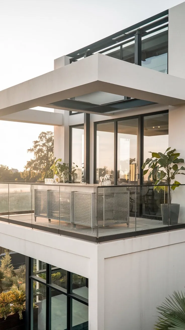 From your chic white home's balcony, a metal bar with glass railings, potted plants, and a breathtaking view awaits you under soft lighting