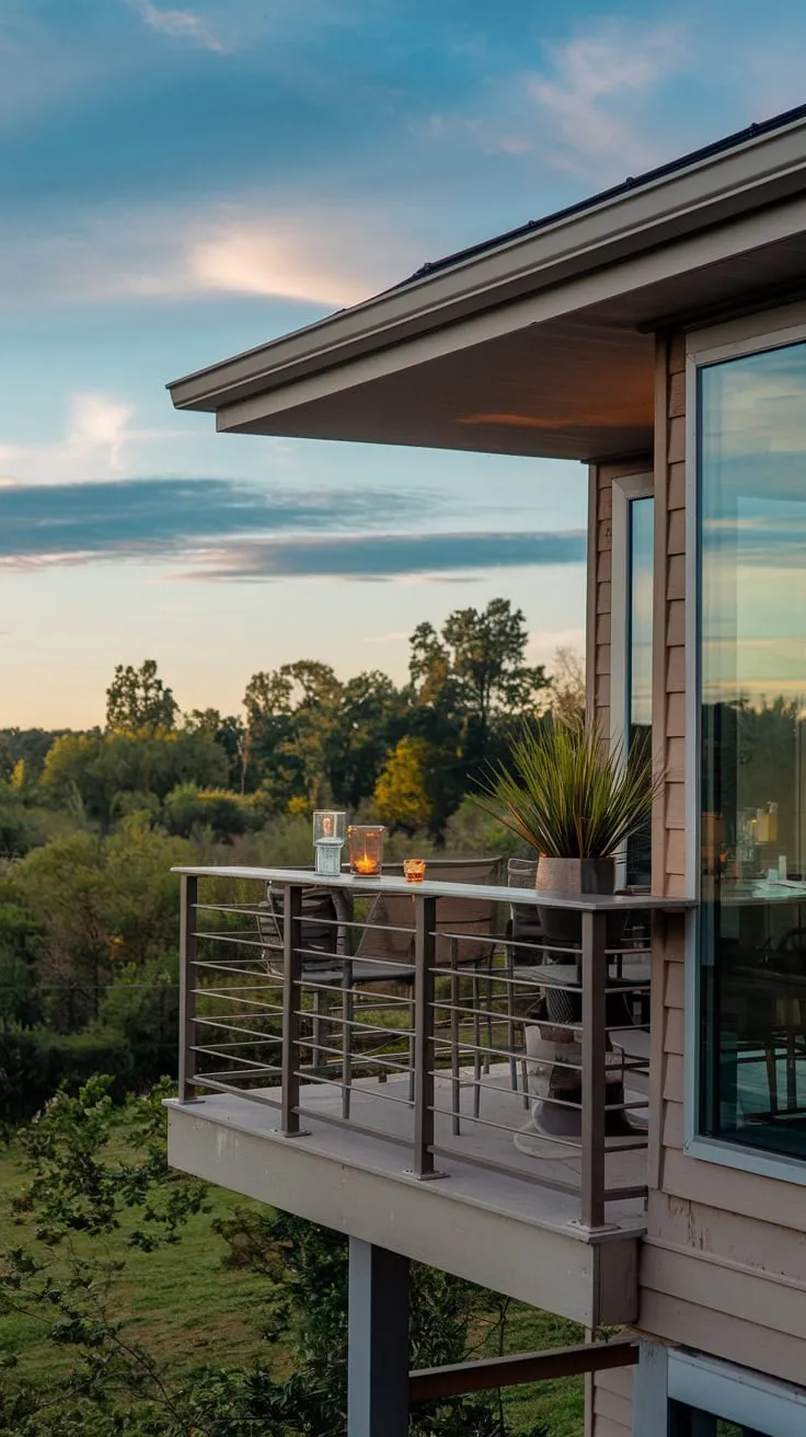 Enjoy a tranquil evening on your stylish balcony bar,  with a candle's gentle glow and a view of nature's beauty