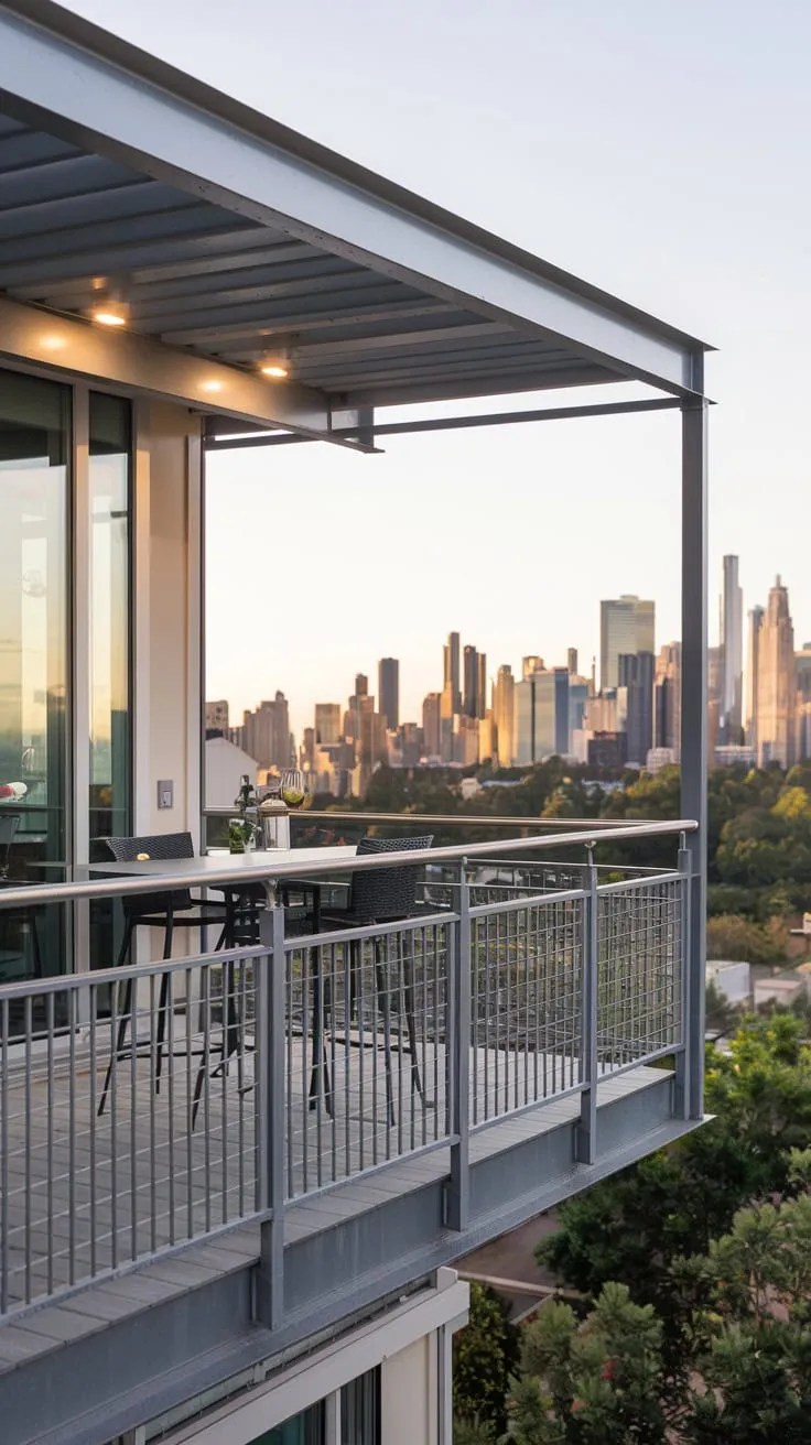 From your stylish home's balcony, a city skyline unfolds beneath a soft glow as you sip drinks at your metal bar, surrounded by comfortable seating