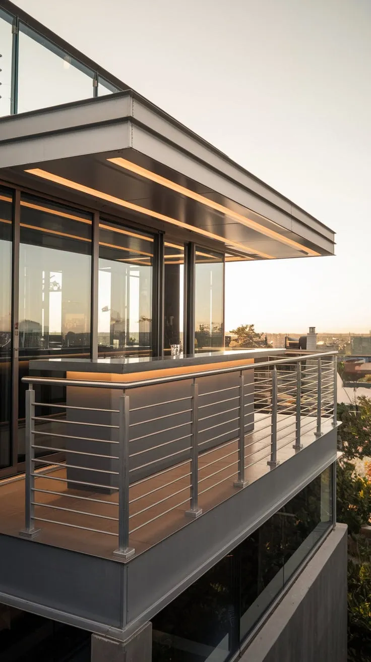 Imagine yourself relaxing on a minimalist monochrome home's balcony bar, the city lights twinkling beyond the metal railing in soft glow