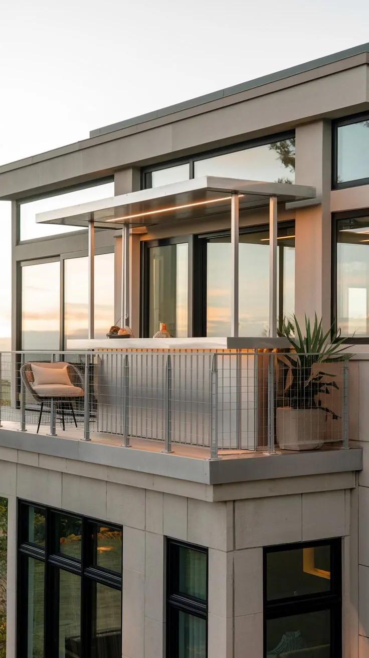 From your sleek, high-rise balcony, a metal bar bathed in soft light, a comfortable chair, and a potted plant accompany breathtaking views