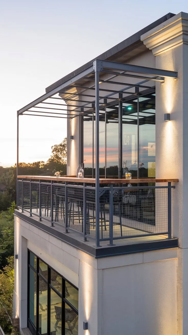 From your high-rise balcony bar, a breathtaking panorama unfolds beneath the soft glow of your sleek home's exterior