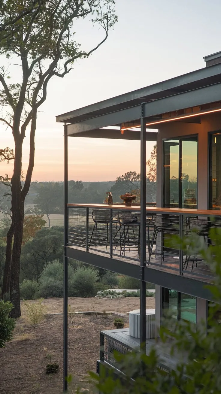 From your home's high balcony, sip a drink as soft lighting illuminates the metal railing and a peaceful vista unfolds before you