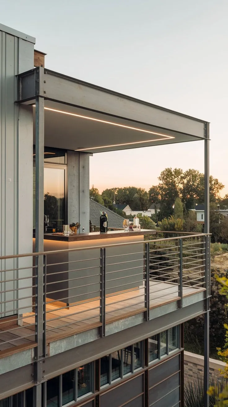 A sleek metal-railed balcony, complete with a charming bar and stunning treetop views, awaits your evening cocktail