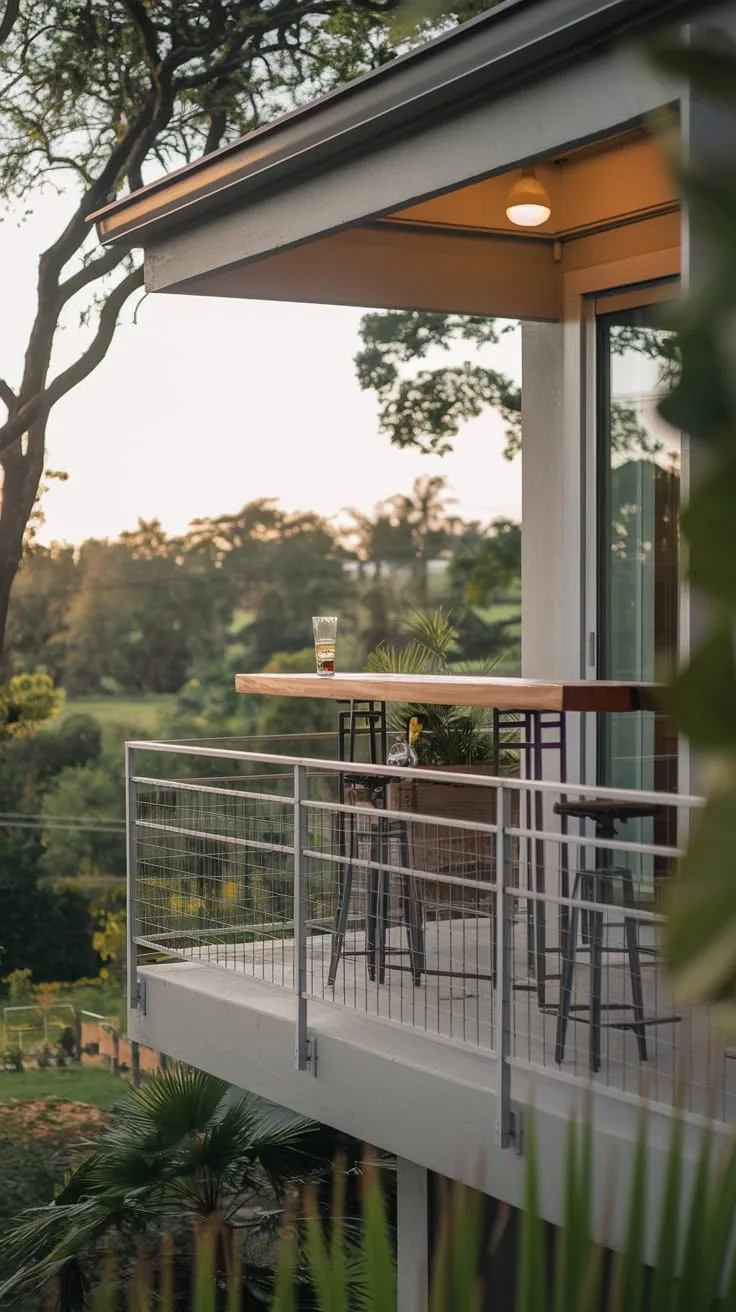 Sip your drink on a serene balcony, the warm light illuminating a wooden bar and lush greenery beyond the white metal railing