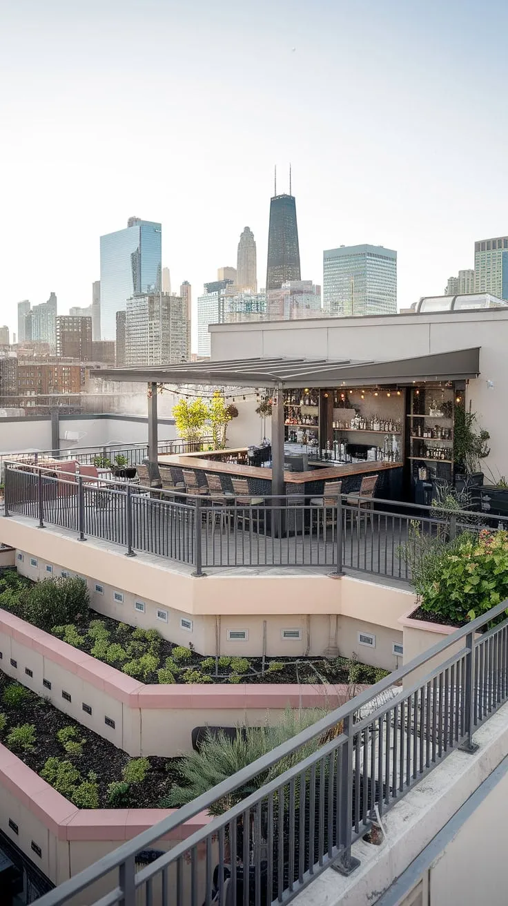 Indulge in the ultimate city escape at this scenic rooftop bar.  Enjoy handcrafted cocktails and fine wines at our alfresco bar, complete with a stunning balcony overlooking the breathtaking skyline. This open-air bar, with its inviting bar terrace and outdoor seating, offers the perfect blend of sophisticated lounge bar ambiance and breathtaking views.  It's more than just a bar with a view; it's an experience.